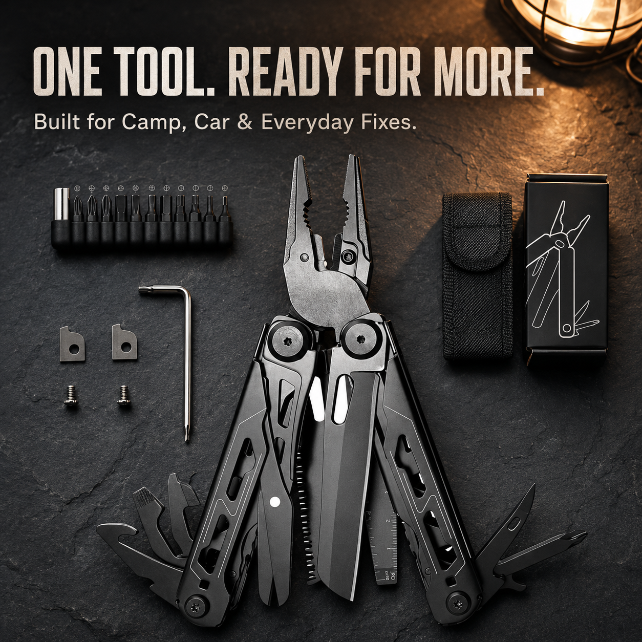 16-in-1 Camping Multi-Tool with Full-Size Scissors & Carrying Pouch