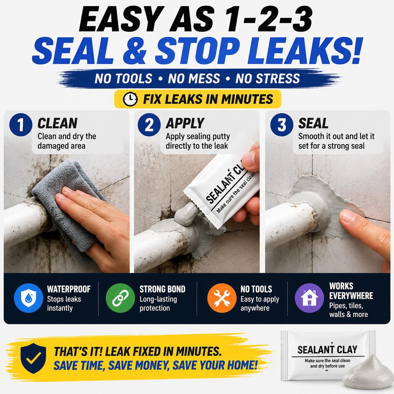 💧 Waterproof Sealing Putty – Fix Leaks, Cracks & Gaps in Minutes Without Tools(10Pcs)