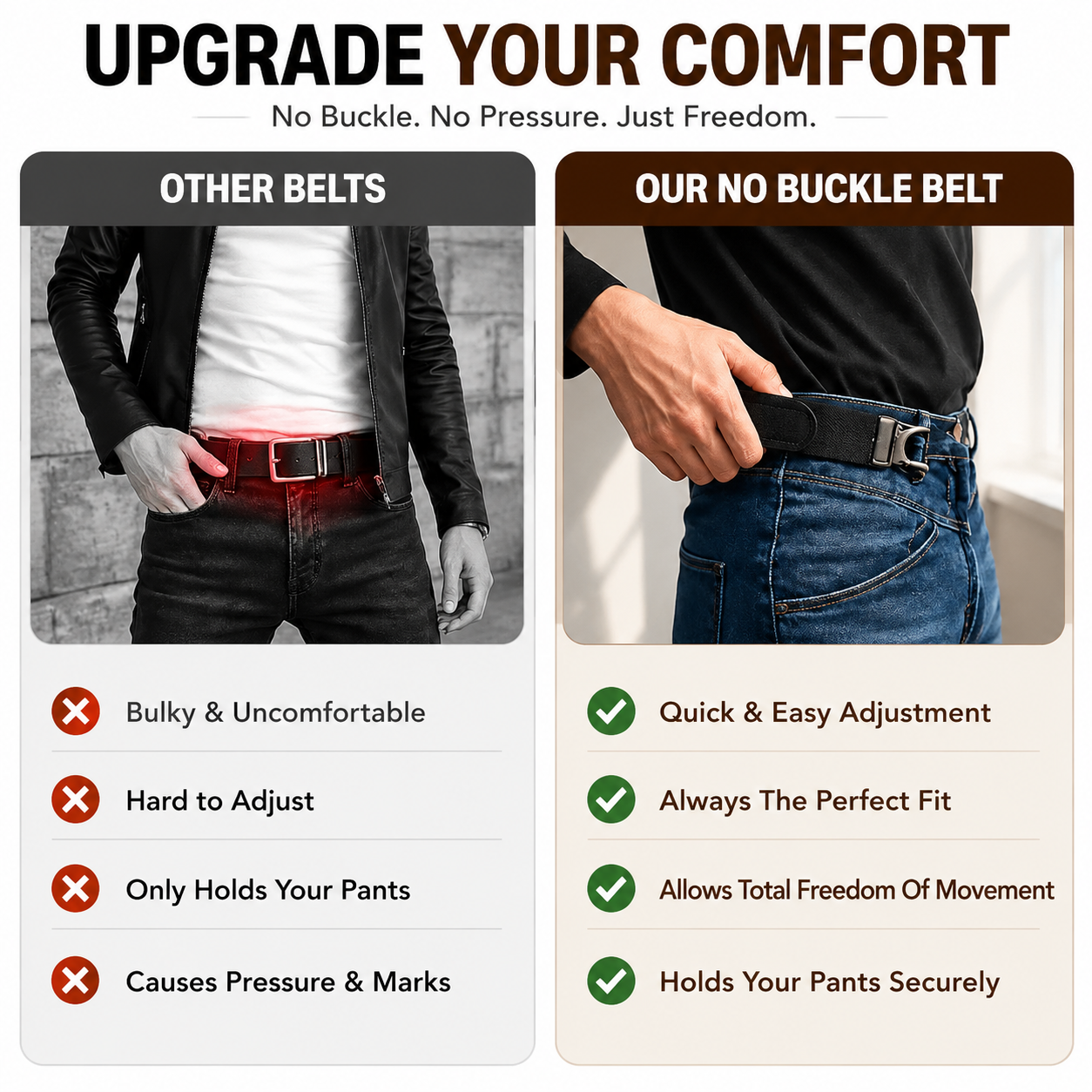 No Buckle Stretch Belt for Jeans with Low-Profile Hook
