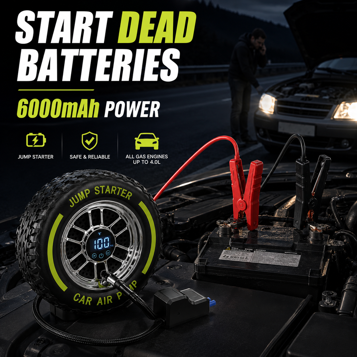 🚗Inflate • Jump Start • Light • Go-4-in-1 Portable Tire Inflator & Jump Starter