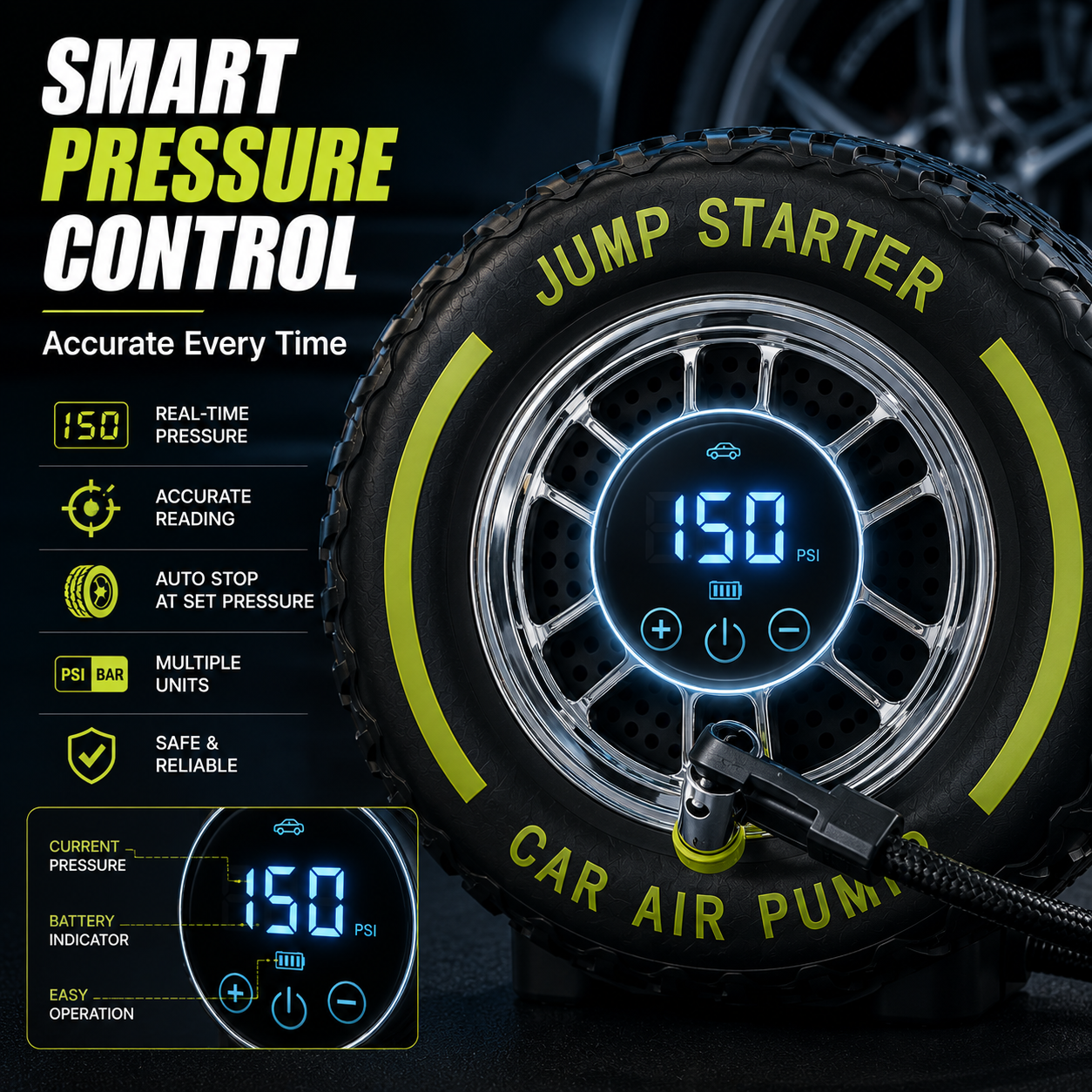 🚗Inflate • Jump Start • Light • Go-4-in-1 Portable Tire Inflator & Jump Starter