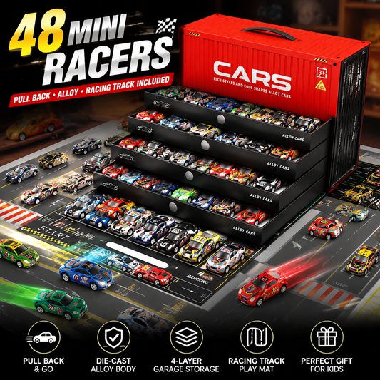 🚨 Last Day 50% OFF! 🚗 48PCS Pull-Back Alloy Racing Car Set | 4-Layer Garage Storage & Racing Track Play Mat 🎁