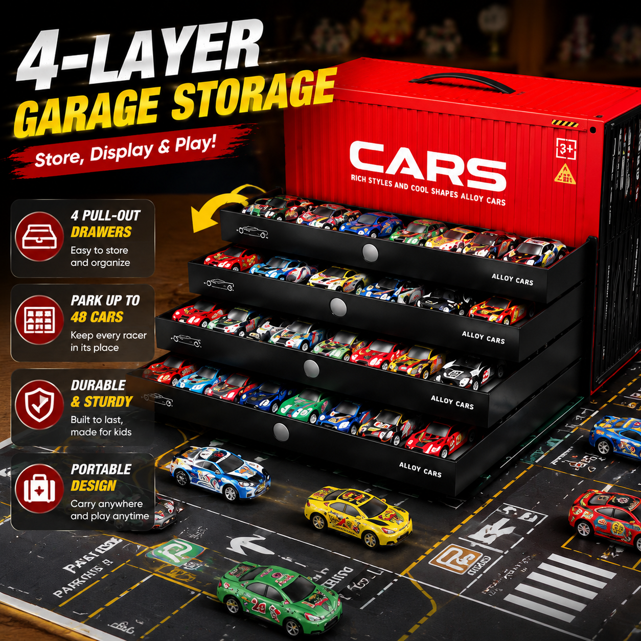 🚗 48PCS Pull-Back Alloy Racing Car Set | 4-Layer Garage Storage & Racing Track Play Mat 🎁