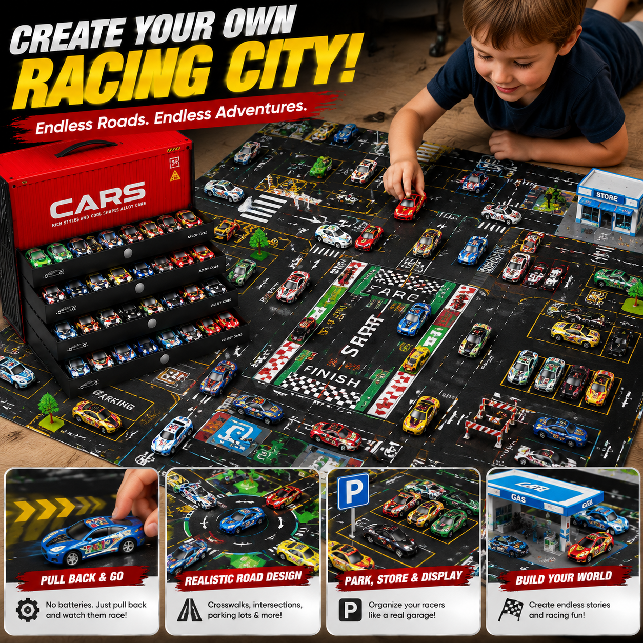 🚨 Last Day 50% OFF! 🚗 48PCS Pull-Back Alloy Racing Car Set | 4-Layer Garage Storage & Racing Track Play Mat 🎁