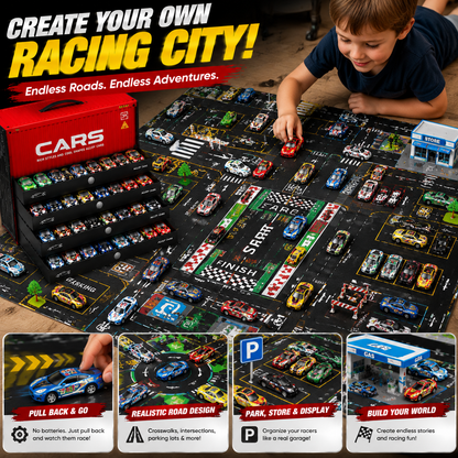 🚨 Last Day 50% OFF! 🚗 48PCS Pull-Back Alloy Racing Car Set | 4-Layer Garage Storage & Racing Track Play Mat 🎁