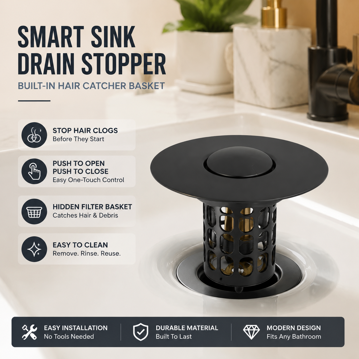 🚿 Smart Sink Drain Stopper With Hair Catcher Basket – No More Clogged Drains