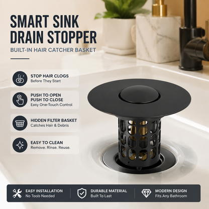 🚿 Smart Sink Drain Stopper With Hair Catcher Basket – No More Clogged Drains