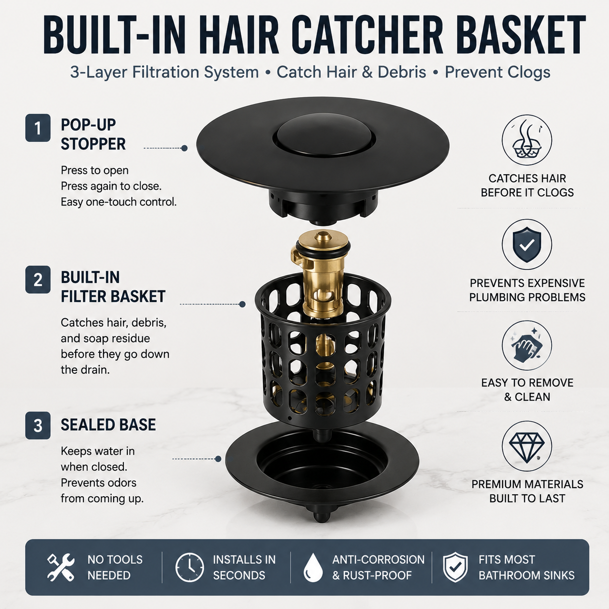 🚿 Smart Sink Drain Stopper With Hair Catcher Basket – No More Clogged Drains