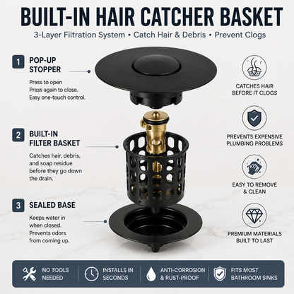 🚿 Smart Sink Drain Stopper With Hair Catcher Basket – No More Clogged Drains