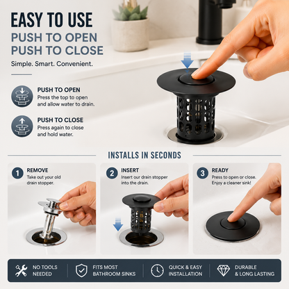 🚿 Smart Sink Drain Stopper With Hair Catcher Basket – No More Clogged Drains