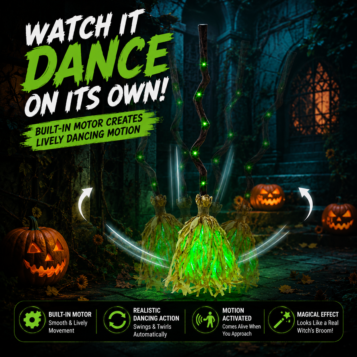 35" Animated Dancing Witch Broom – Motion Activated Halloween Decor