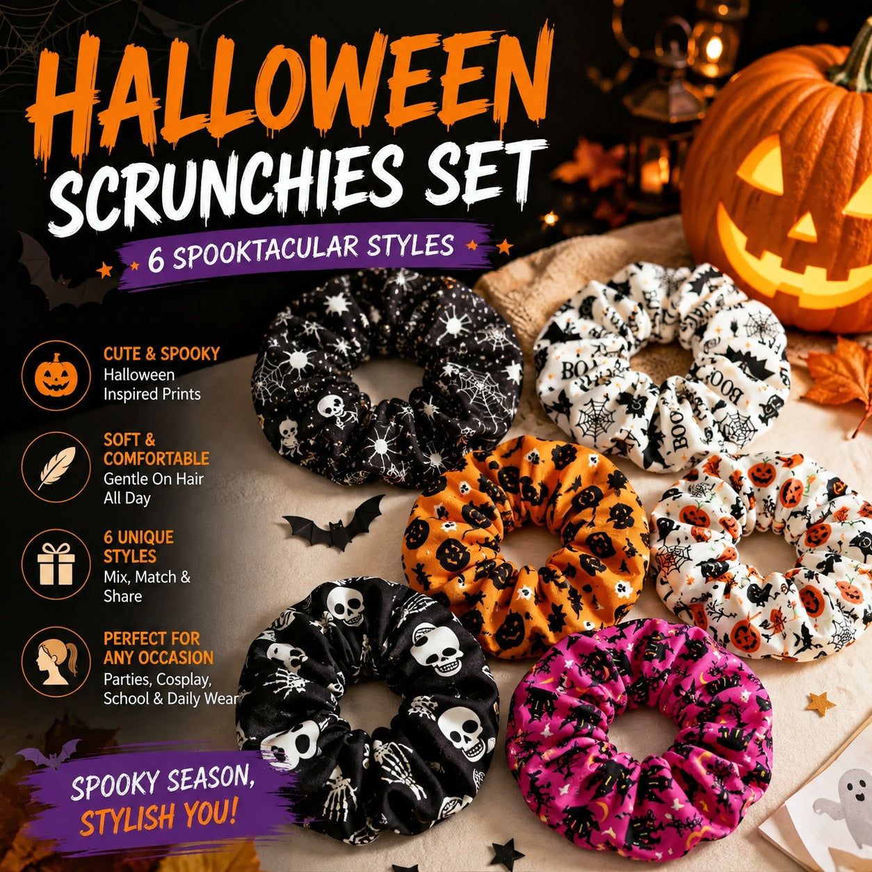6-Piece Halloween Scrunchies Set – Spooky & Cute