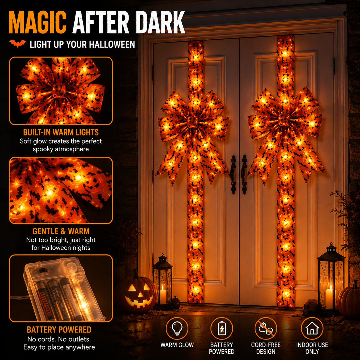 Light-Up Halloween Door Bow Garland – Pumpkin & Bat Decor