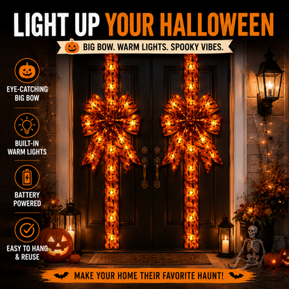 Light-Up Halloween Door Bow Garland – Pumpkin & Bat Decor