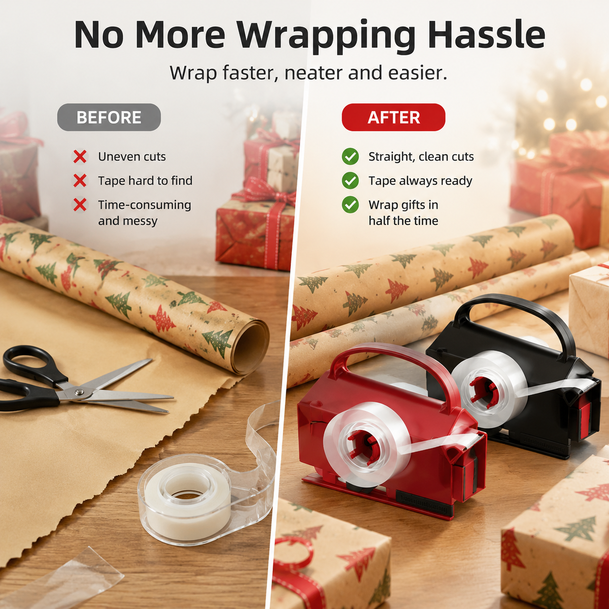 🎁✂️ 2-in-1 Wrapping Paper Cutter & Tape Dispenser – Faster Gift Wrapping Tool🎄