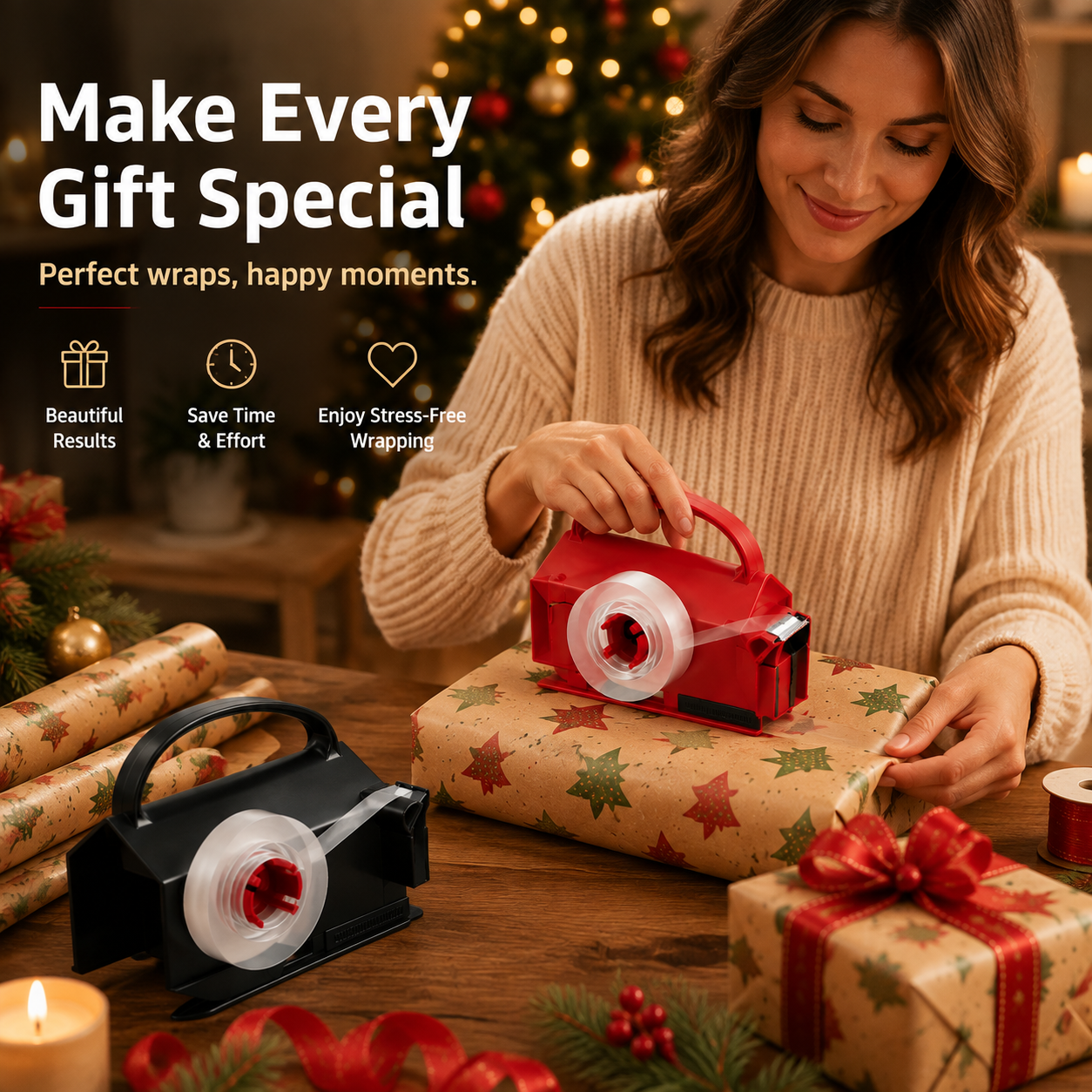 🎁✂️ 2-in-1 Wrapping Paper Cutter & Tape Dispenser – Faster Gift Wrapping Tool🎄