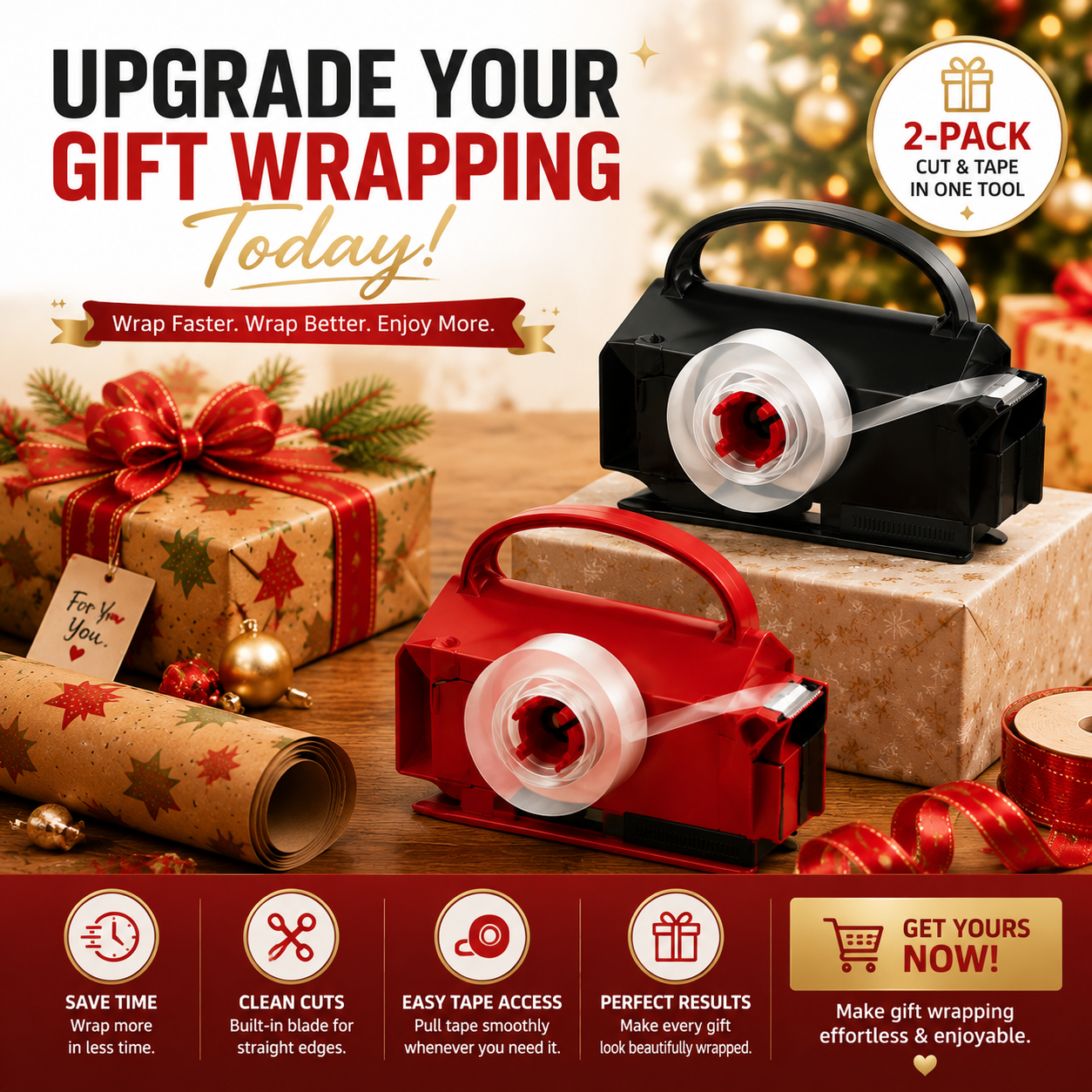 🎁✂️ 2-in-1 Wrapping Paper Cutter & Tape Dispenser – Faster Gift Wrapping Tool🎄