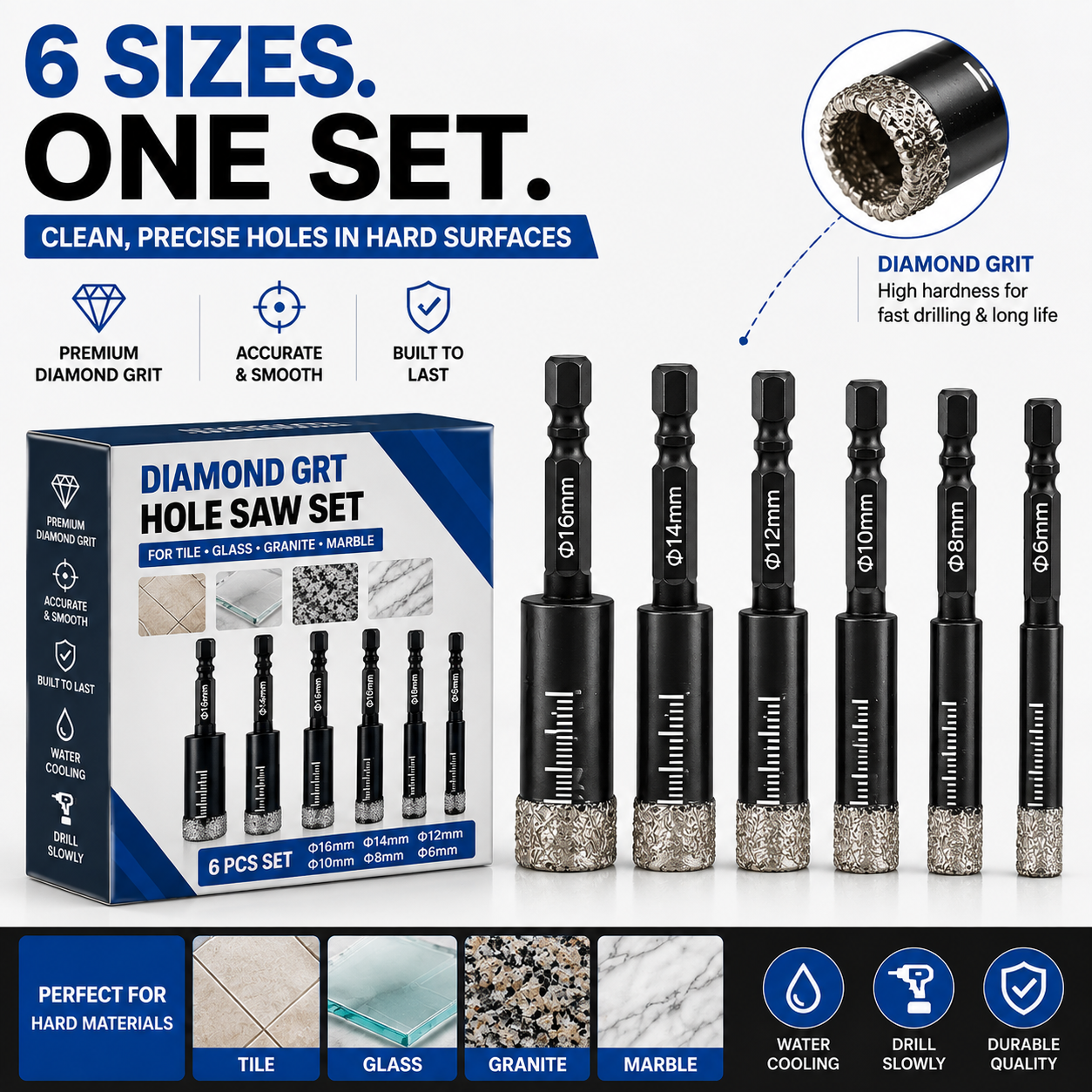 6 Pcs Diamond Drill Bits Set, 1/4 5/6 3/8 1/2 Inch Brazed Diamond Drill Bits for Precision Drilling in Tile Ceramic Glass Granite Marble Masonry