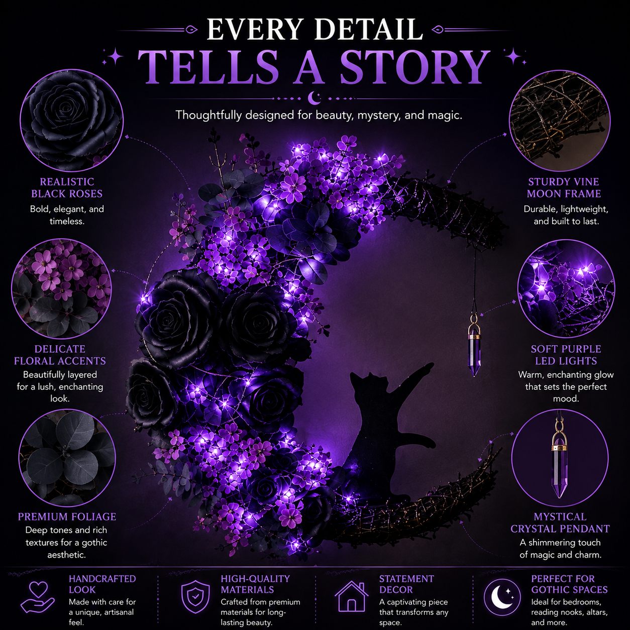Cat Moon Wreath: Gothic Purple Halloween Decor with Amethyst Crystal