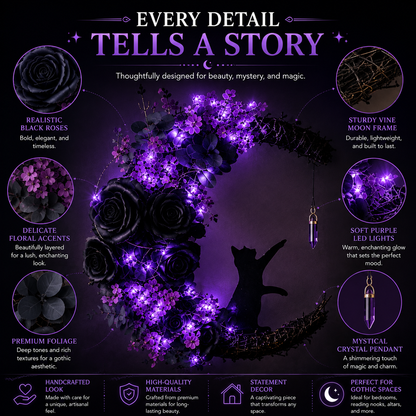 Cat Moon Wreath: Gothic Purple Halloween Decor with Amethyst Crystal
