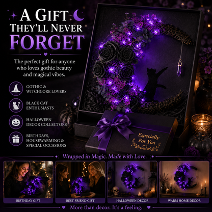 Cat Moon Wreath: Gothic Purple Halloween Decor with Amethyst Crystal