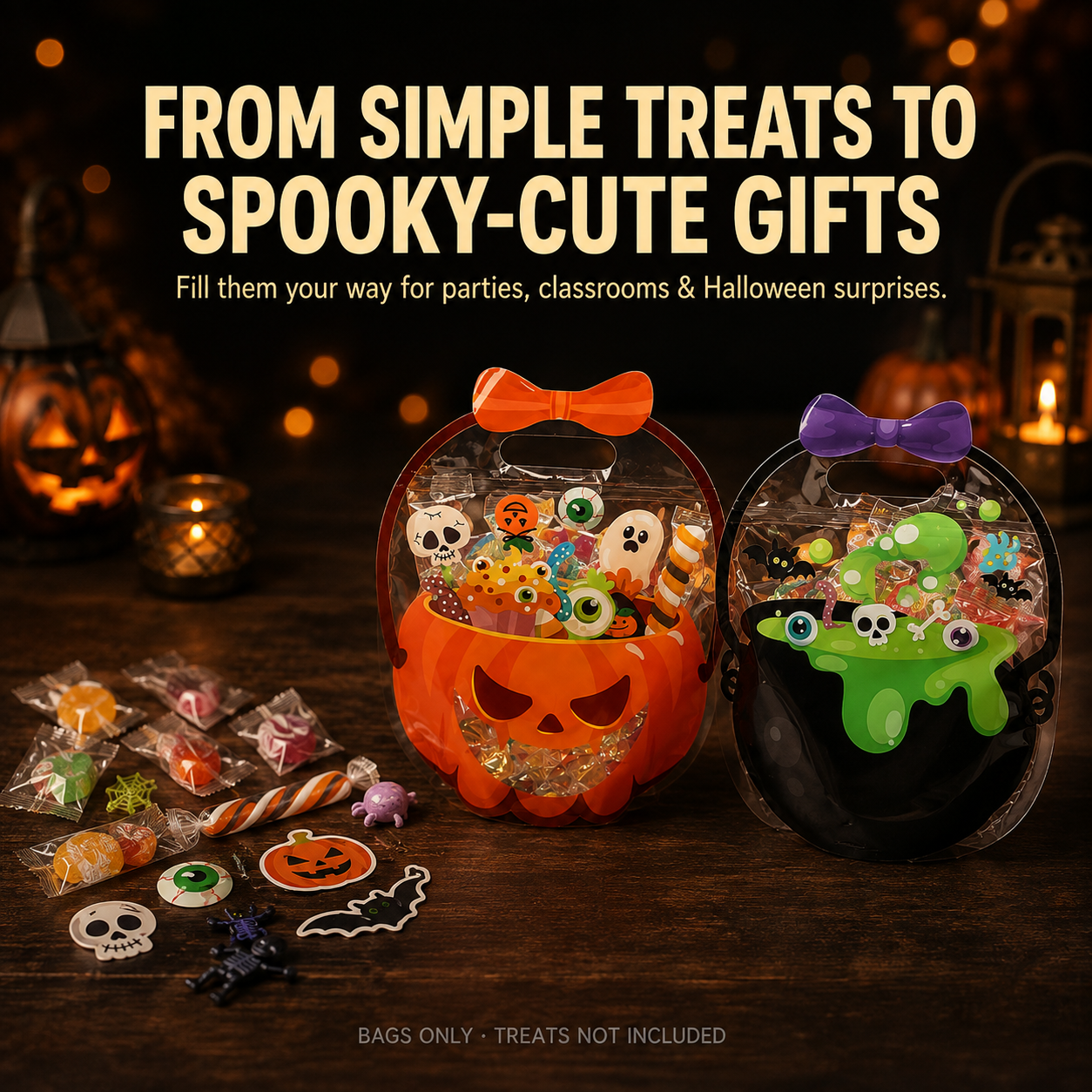 🎁 Halloween Cauldron Treat Bags – Clear Fillable Party Favor Bags