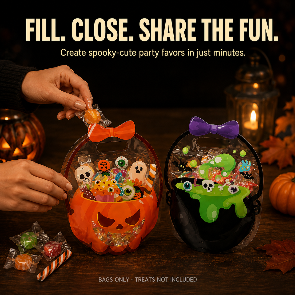 🎁 Halloween Cauldron Treat Bags – Clear Fillable Party Favor Bags