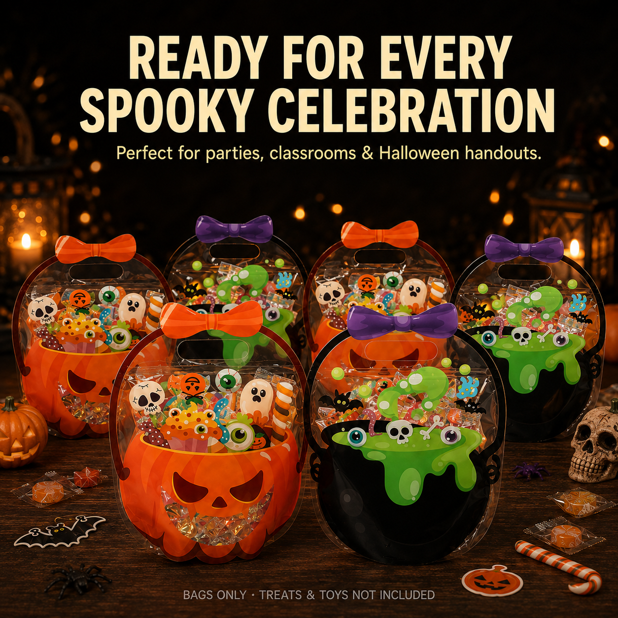 🎁 Halloween Cauldron Treat Bags – Clear Fillable Party Favor Bags