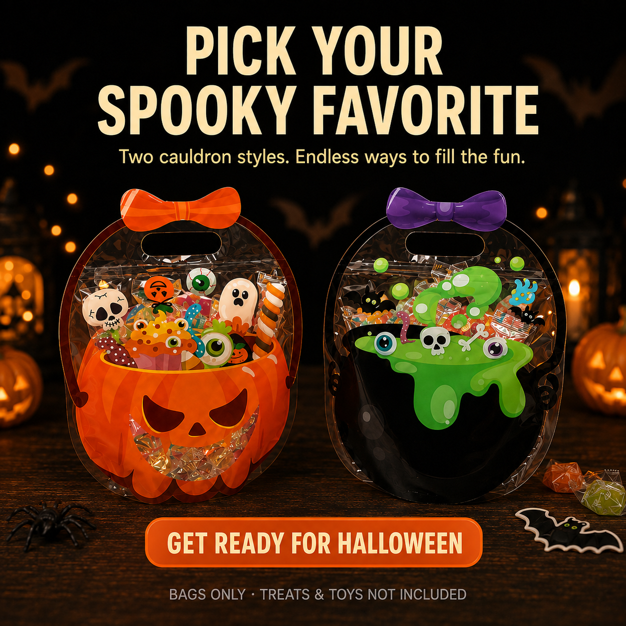 🎁 Halloween Cauldron Treat Bags – Clear Fillable Party Favor Bags