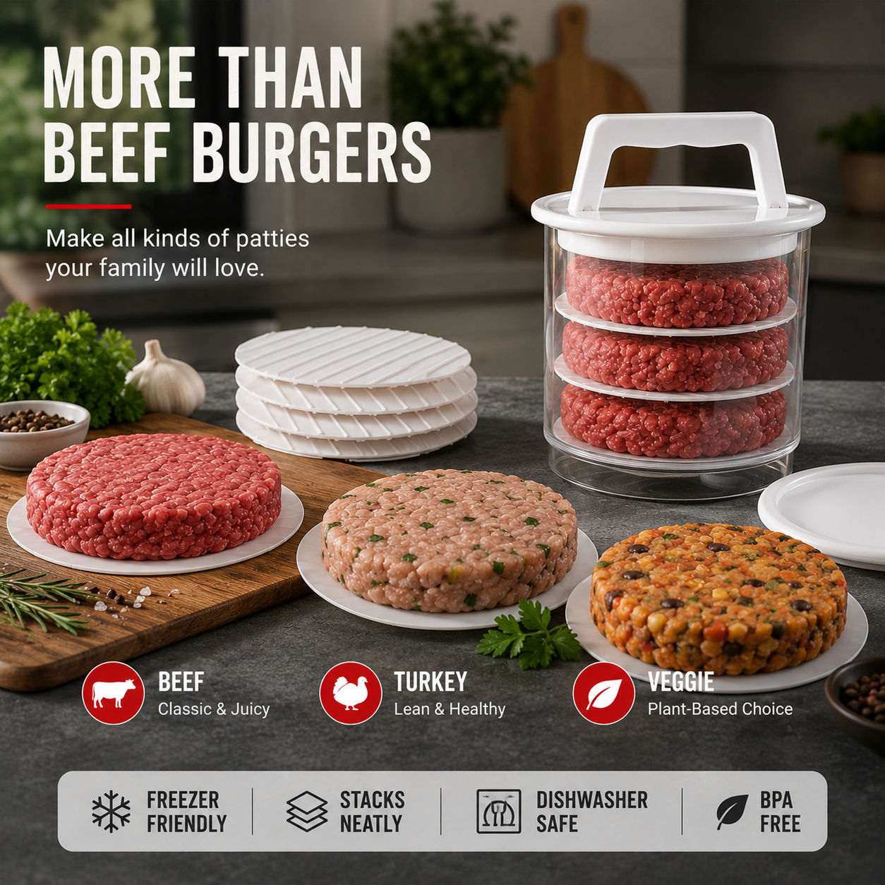 🥩🧊 Stackable Burger Patty Maker & Freezer Storage Container – Shape, Stack & Store Homemade Patties