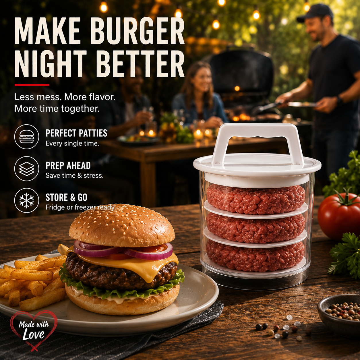 🥩🧊 Stackable Burger Patty Maker & Freezer Storage Container – Shape, Stack & Store Homemade Patties