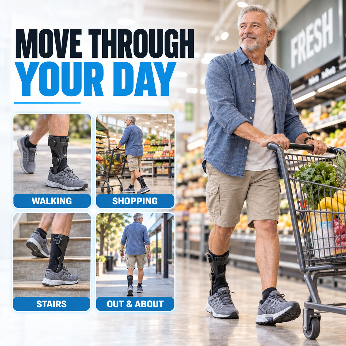 Person wearing AFO brace while walking shopping using stairs and going outdoors