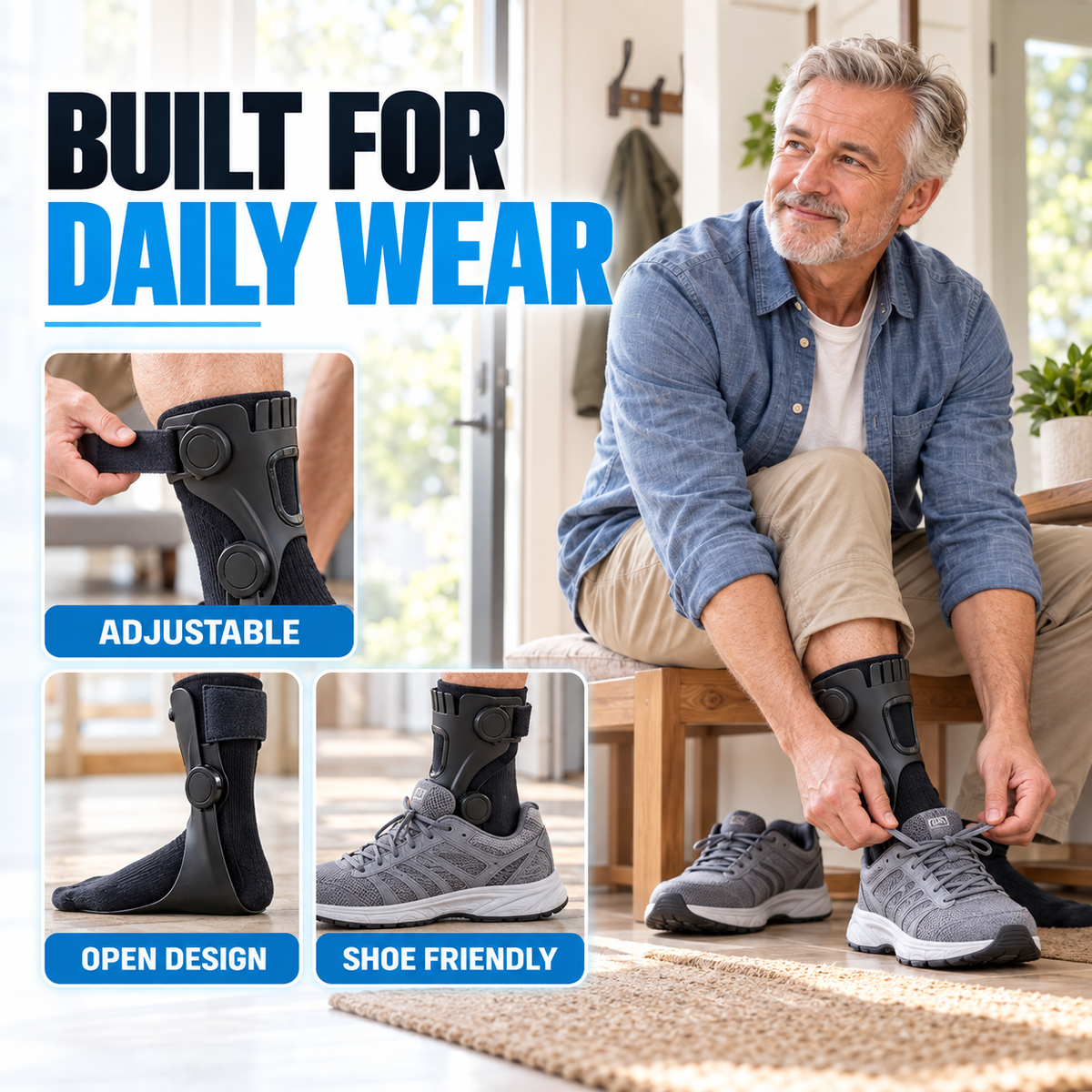 Adjustable AFO brace shown with compatible everyday footwear