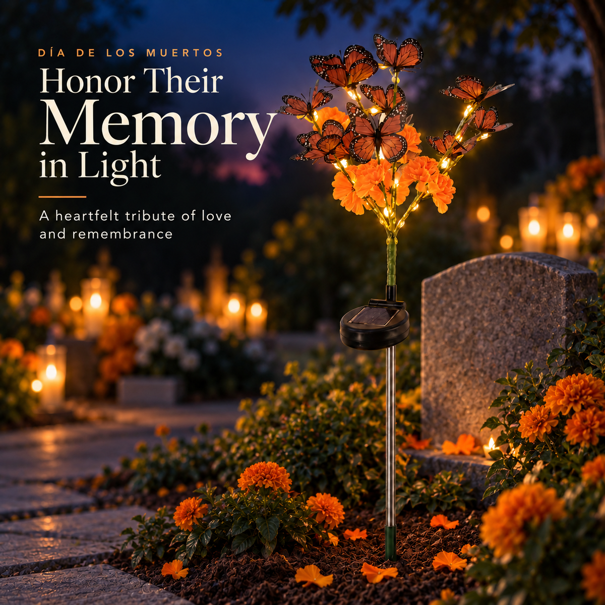 Solar butterfly memorial garden stake glowing beside an outdoor gravesite remembrance display