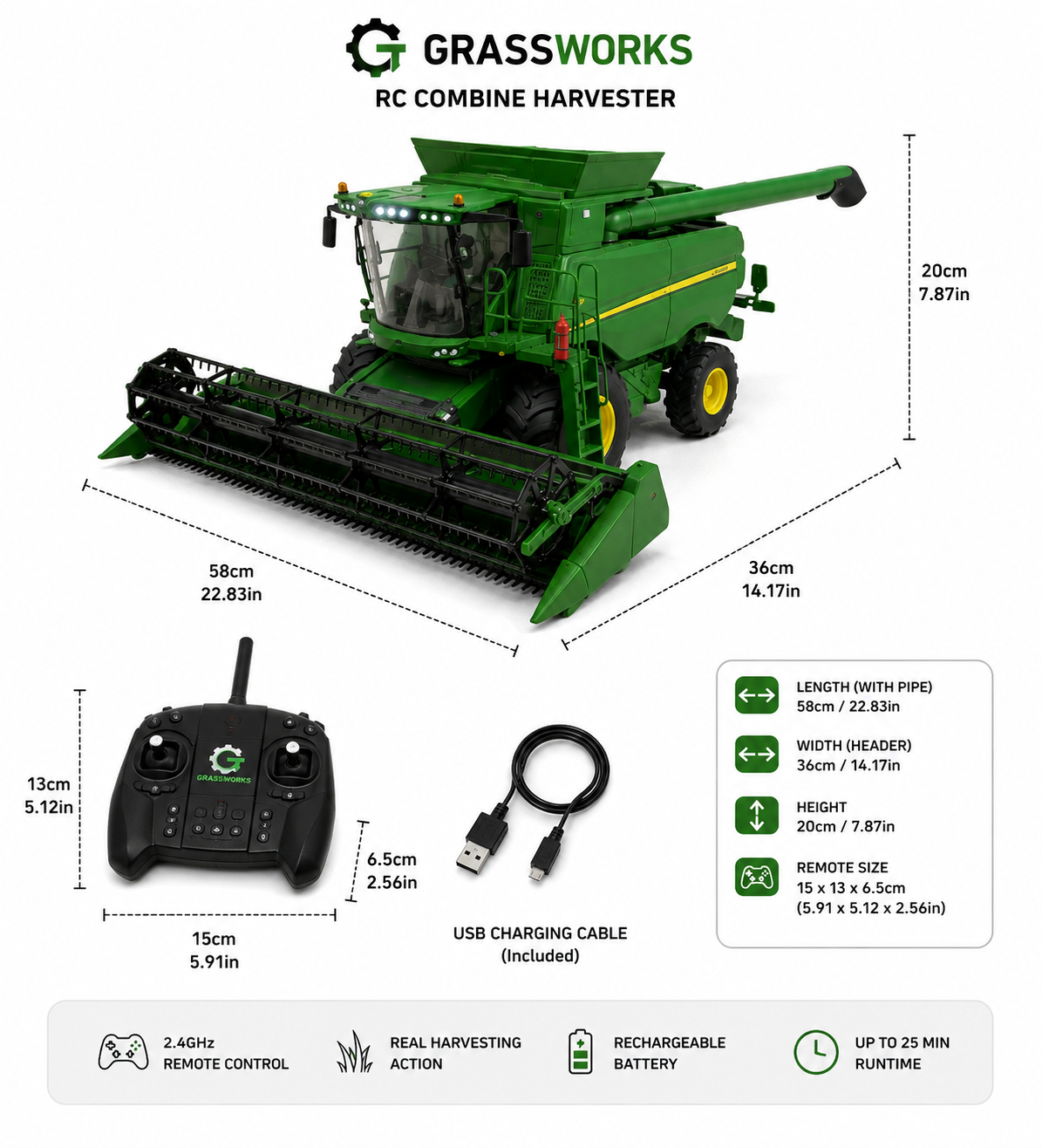 G80 Functional RC Combine Harvester – Real Grass Cutting Farm Machine with 2.4GHz Remote Control