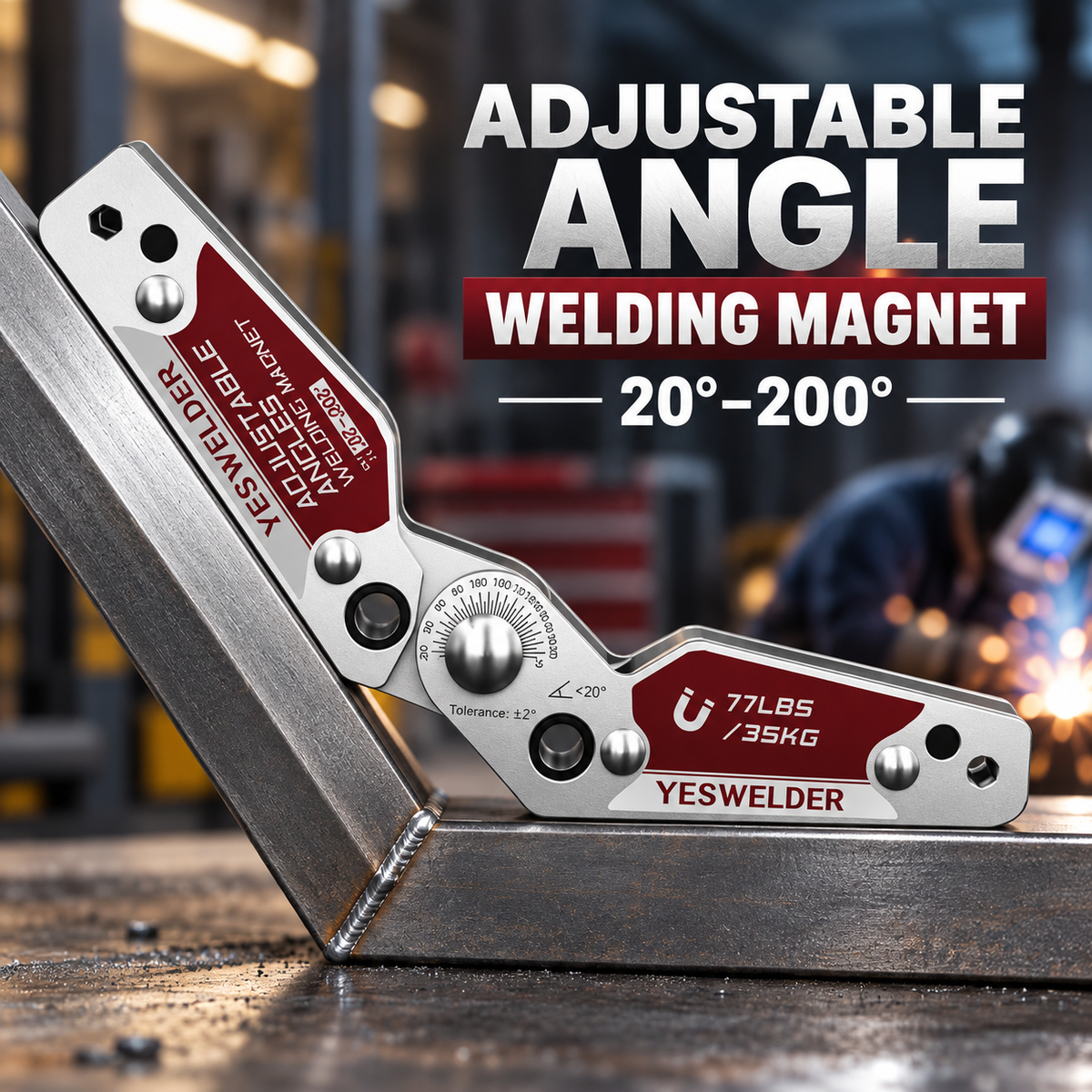 Adjustable angle welding magnet holding steel at an angle