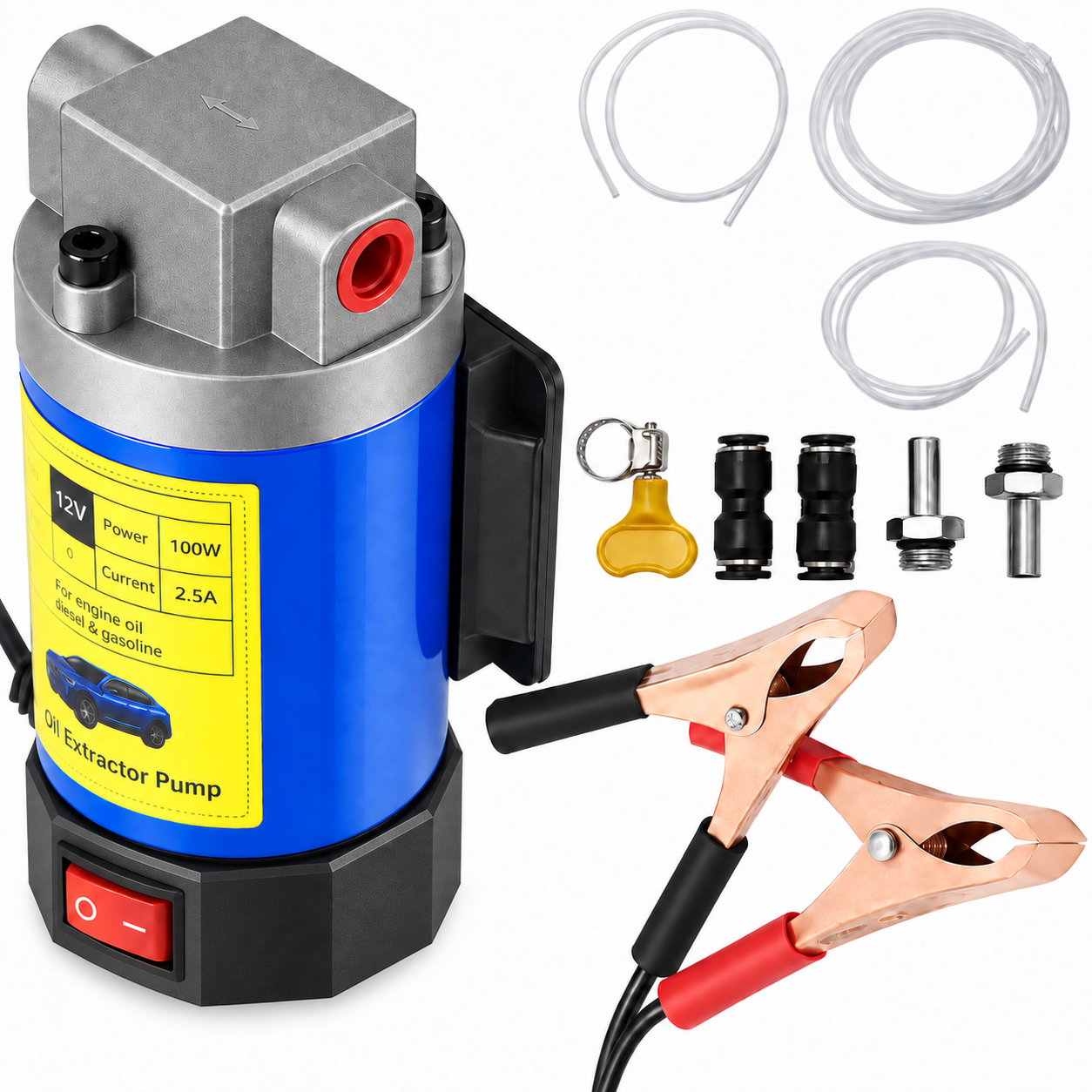 Portable 12V oil extractor pump and included accessories