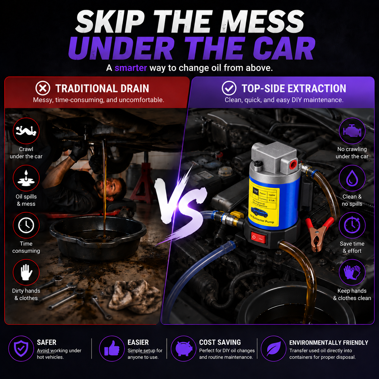 Traditional bottom oil drain compared with top-side oil extraction