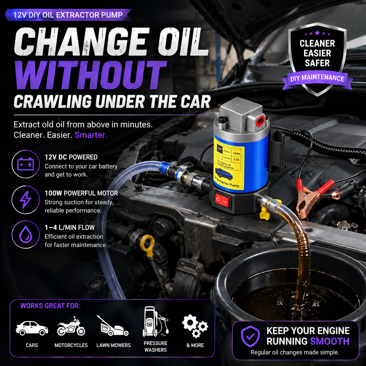 12V portable oil extractor pump used from above the engine bay