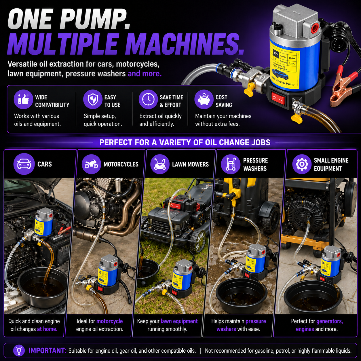 Portable oil extractor pump used with cars motorcycles lawn equipment and small engines