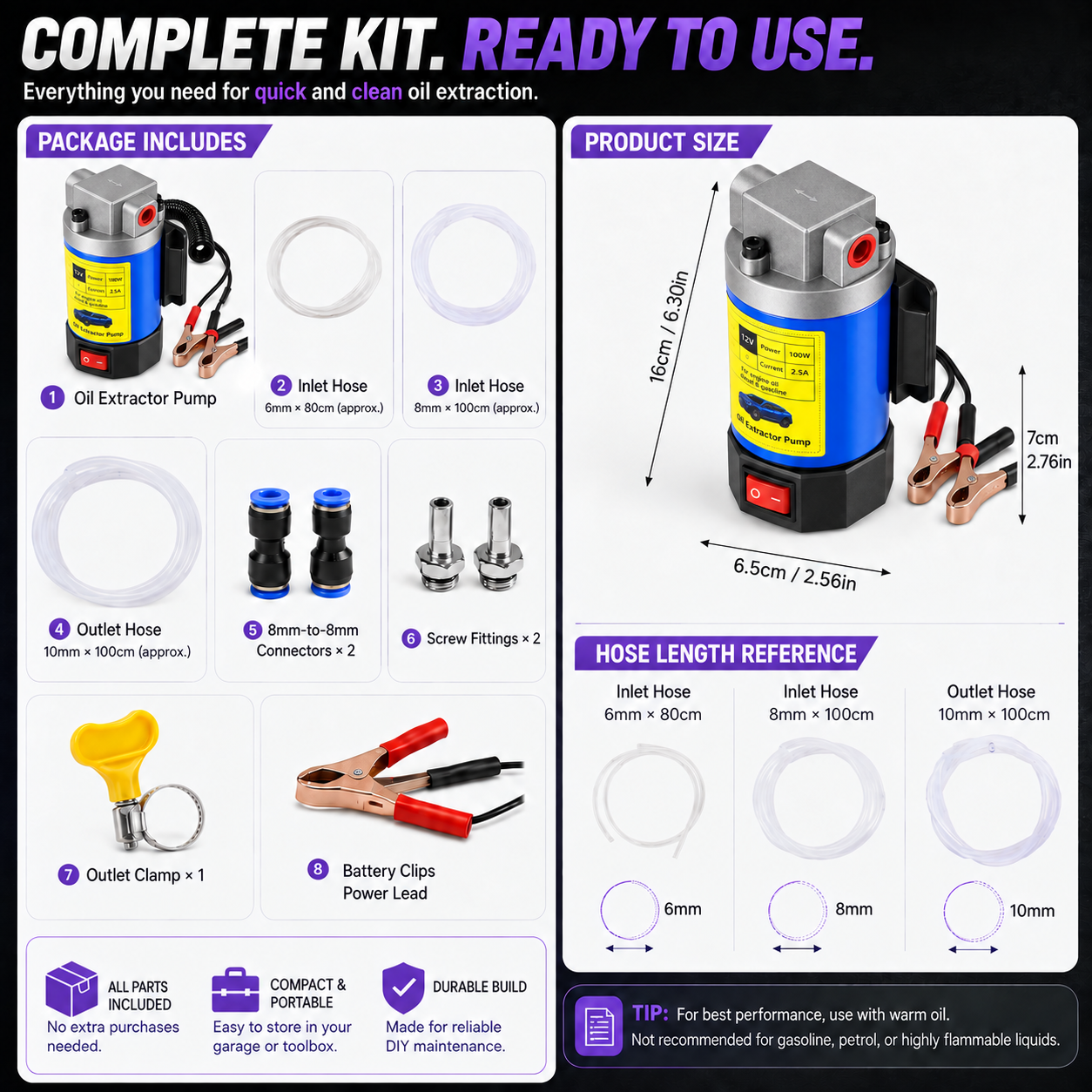 Complete 12V portable oil extractor pump kit with hoses fittings and dimensions