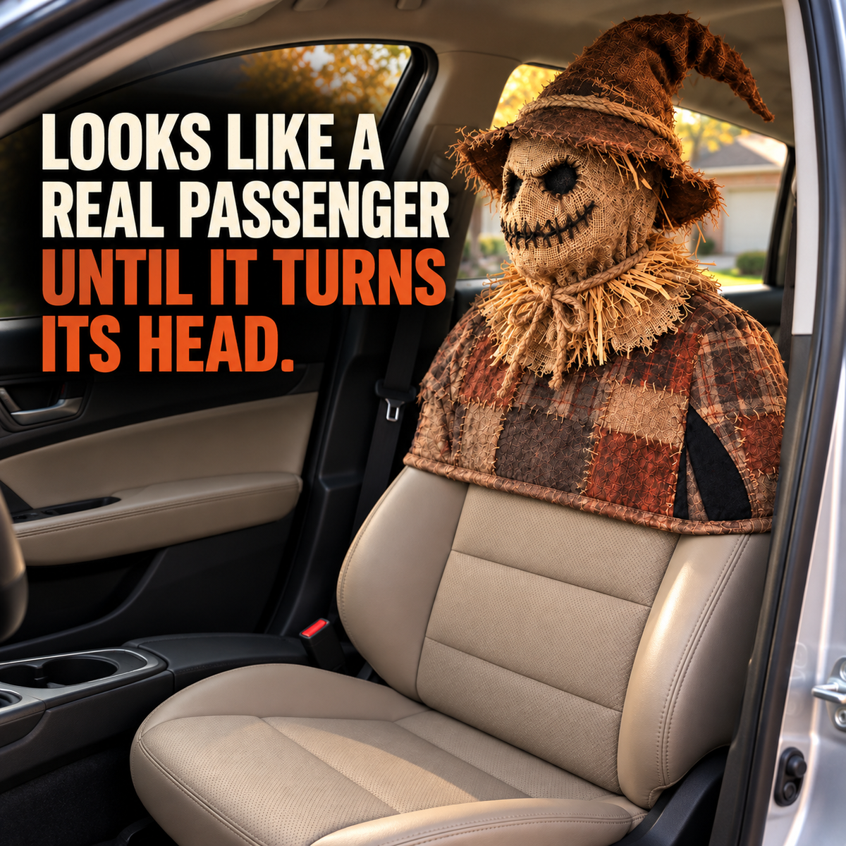 💀Motion-Activated Creepy Car Passenger Prop – Rotating Head Halloween Prank Decoration
