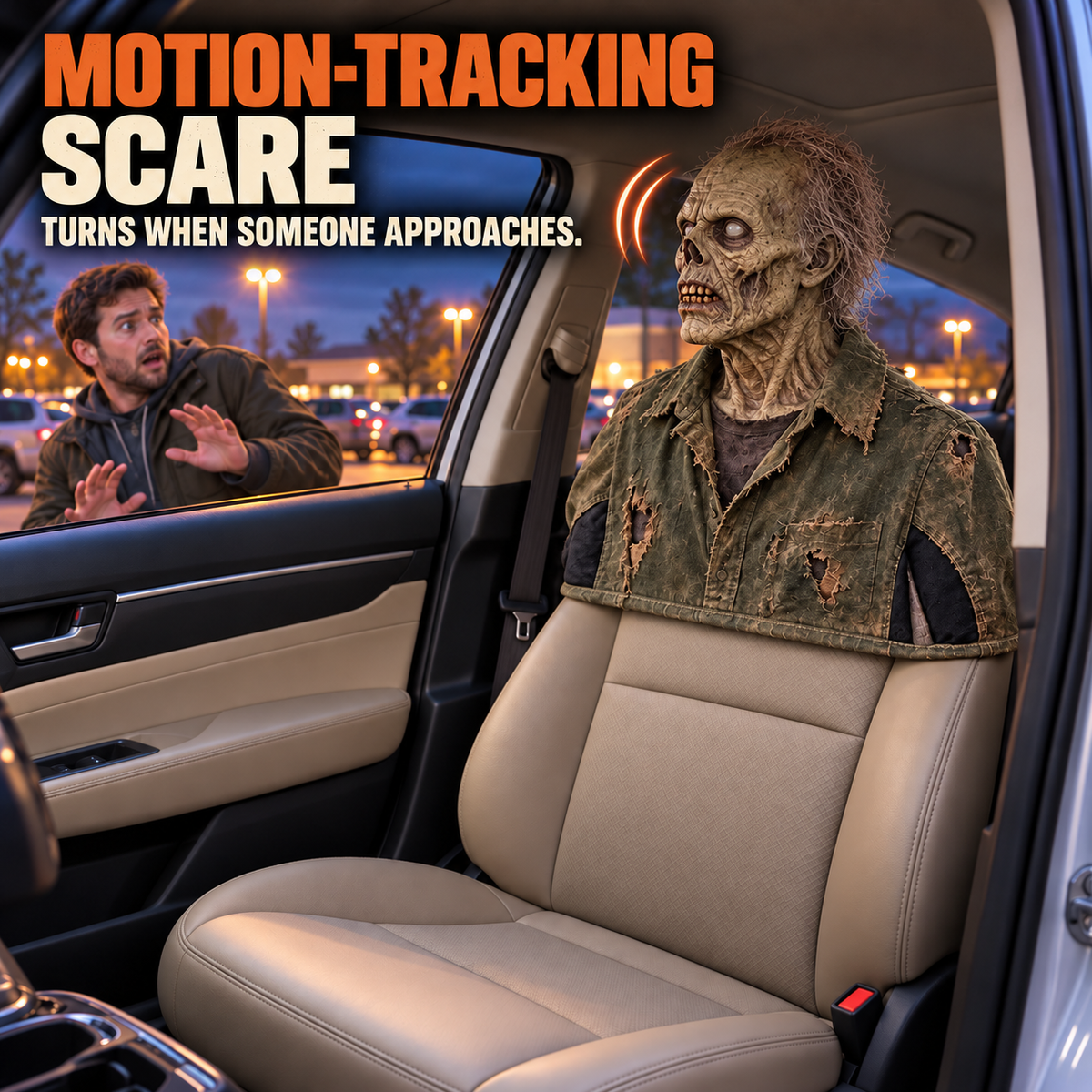 💀Motion-Activated Creepy Car Passenger Prop – Rotating Head Halloween Prank Decoration