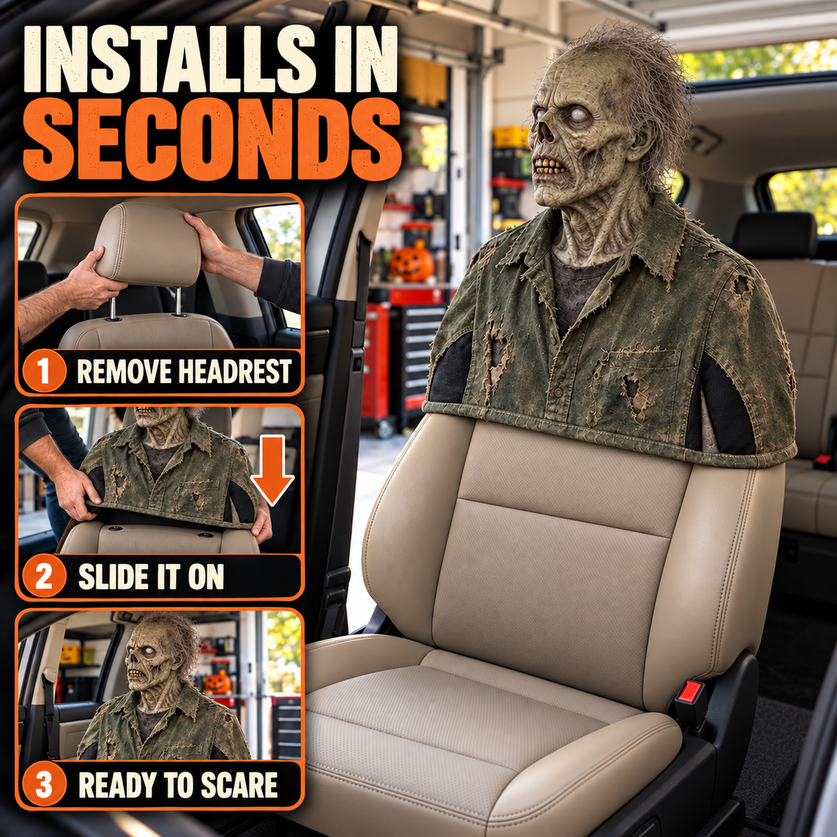 💀Motion-Activated Creepy Car Passenger Prop – Rotating Head Halloween Prank Decoration