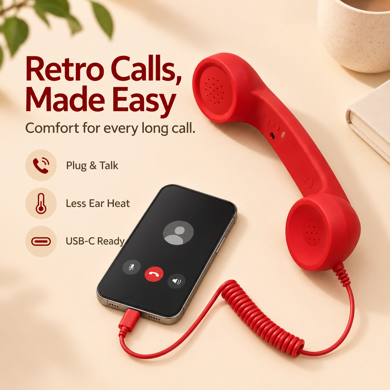 Red retro telephone handset connected to a smartphone