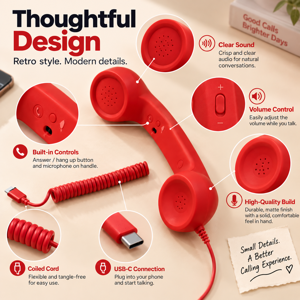 Retro phone handset showing call buttons volume controls coiled cord and USB-C connector