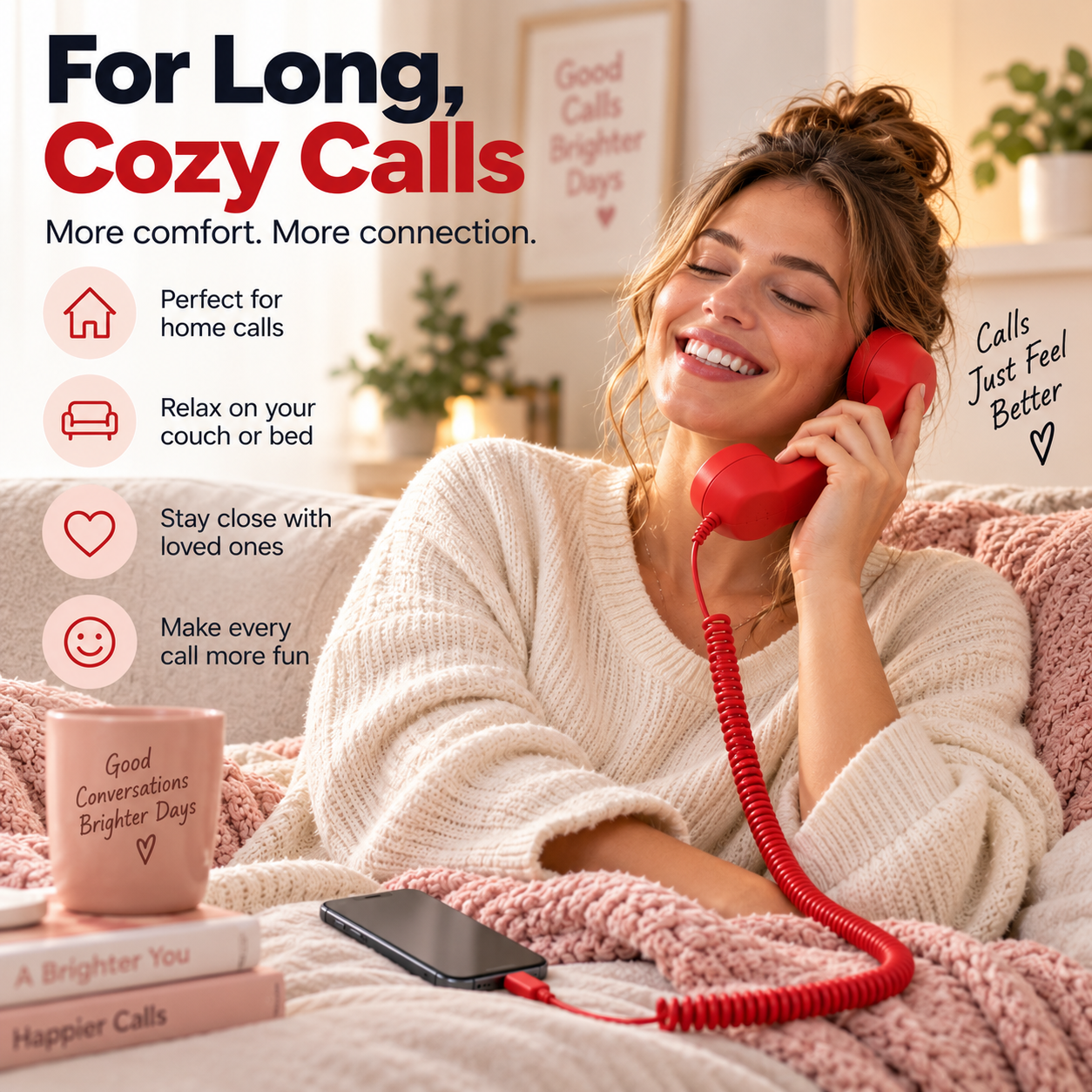 Woman enjoying a relaxed long call with a red retro telephone handset