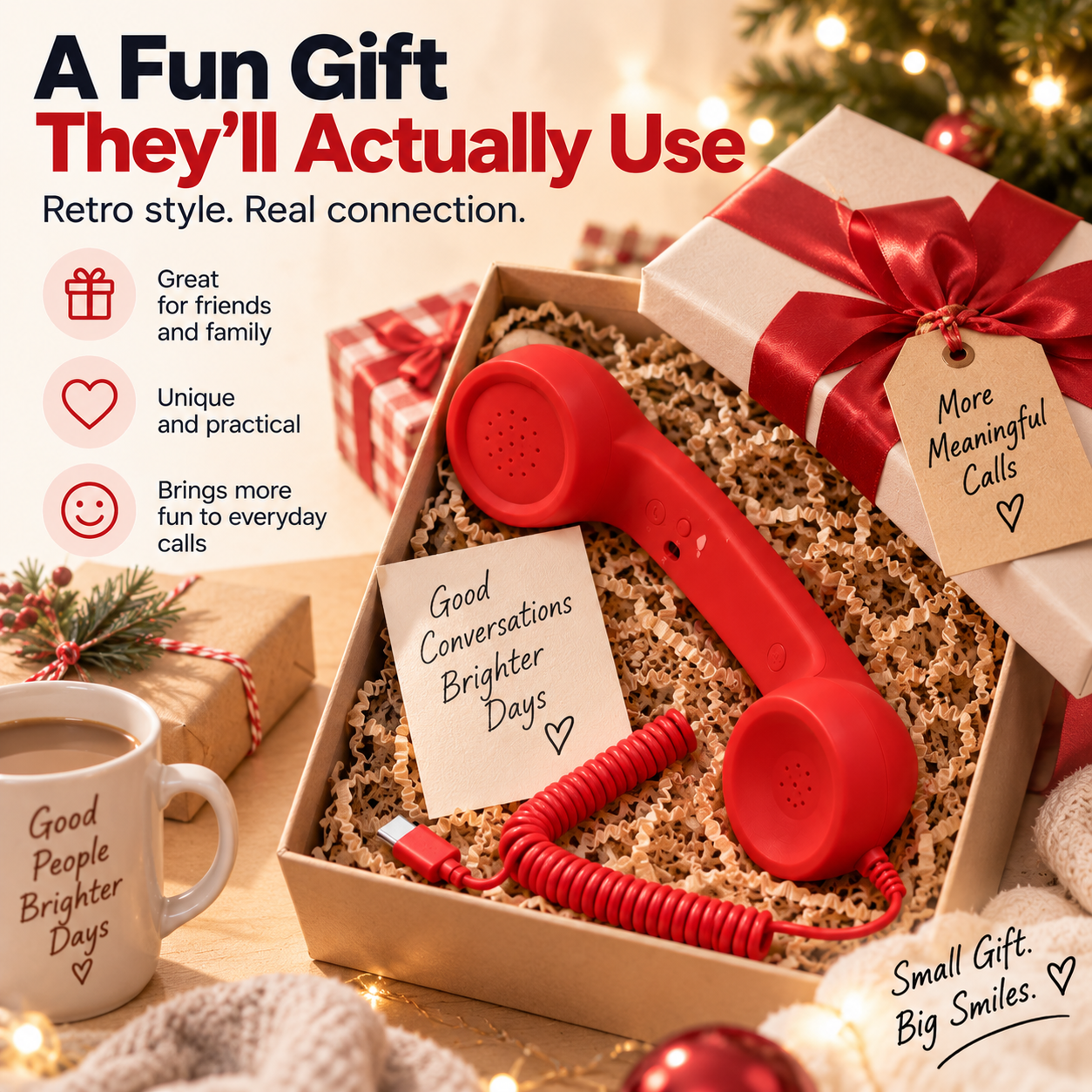 Red retro smartphone handset presented as a holiday gift