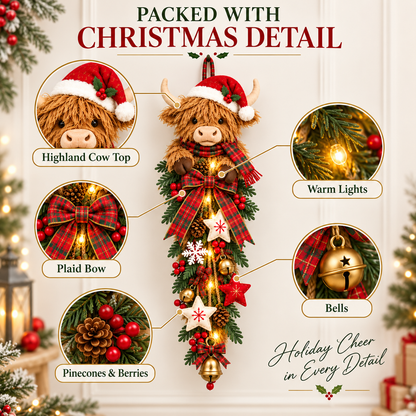 🔥Hot Sale 45% OFF -🎄 Lighted Highland Cow Christmas Door Swag