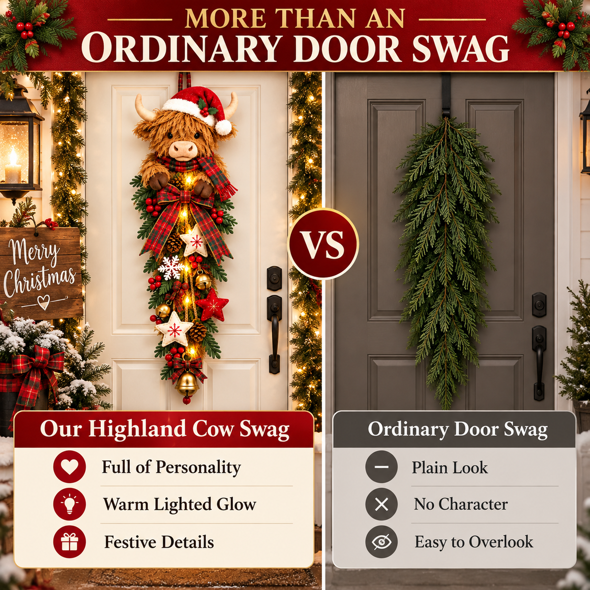 🔥Hot Sale 45% OFF -🎄 Lighted Highland Cow Christmas Door Swag